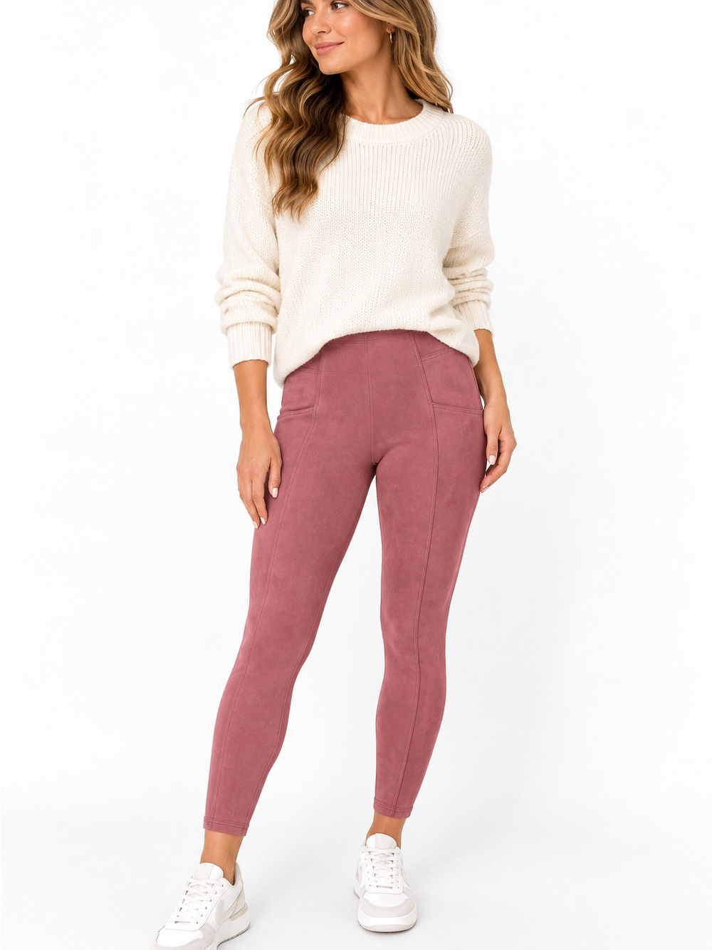SPANX Faux Suede Leggings Womens Large Petite L Pink Rose High Rise Pull On